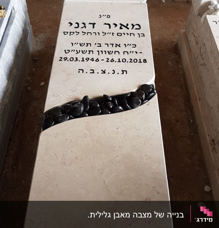 מצבה עם כיתוב בעברית ואבנים שחורות
